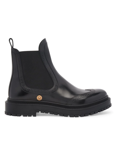 Shop Versace Men's Greca Coin Leather Chelsea Boots In Black  Gold