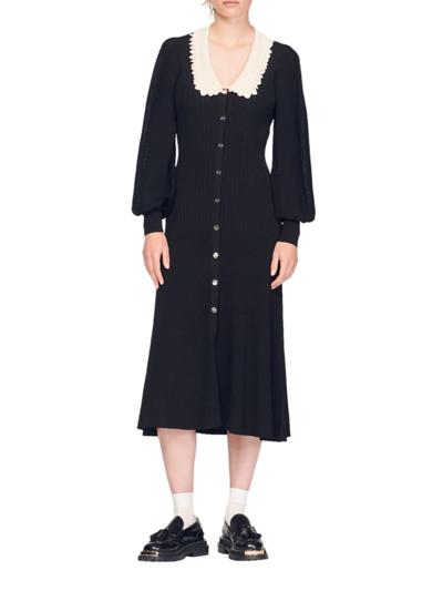 Shop Sandro Dorothy Balloon-sleeve Knit Midi-dress In Black