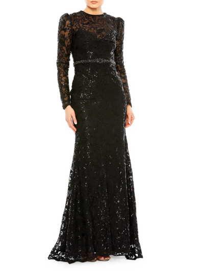Shop Mac Duggal Women's Embellished Long-sleeve Gown In Black
