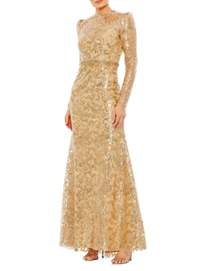 Shop Mac Duggal Women's Embellished Long-sleeve Gown In Gold