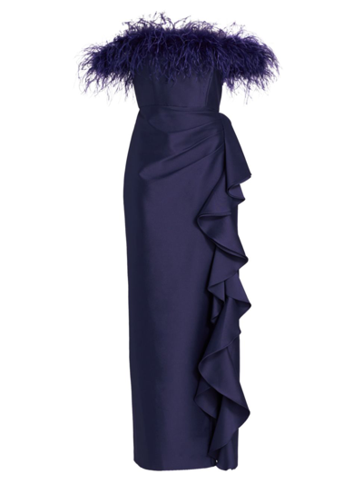 Shop Badgley Mischka Women's Feather-embellished Off-the-shoulder Gown In Navy