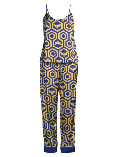 Shop Averie Sleep Women's Colbee Honeycomb Print Long Camisole Pajama Set In Navy Blue