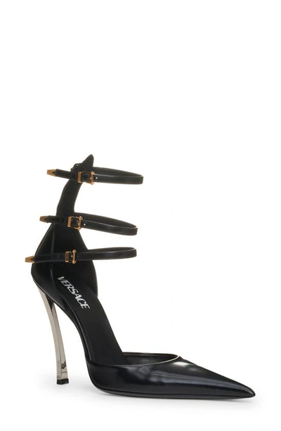Shop Versace Triple Strap Pointed Toe Pump In Black Palladium