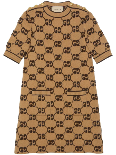 Shop Gucci Gg Jacquard Bouclé-knit Dress In Braun