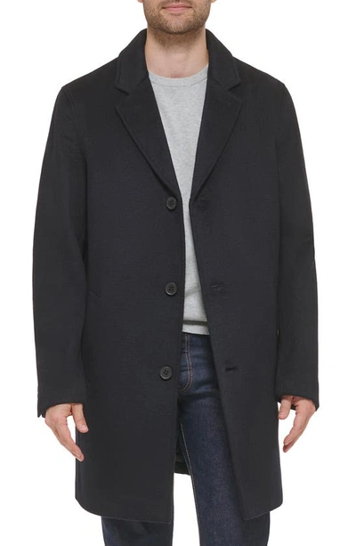 Shop Cole Haan Classic Wool Blend Plush Notched Collar Coat In Navy