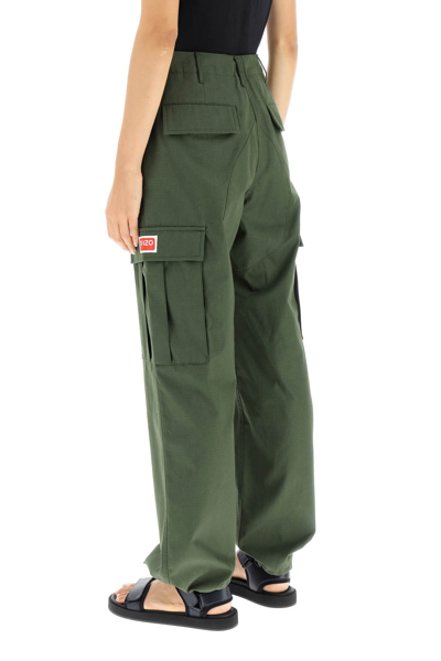 Shop Kenzo Cargo Pants With Flower-shaped Button In Khaki,green