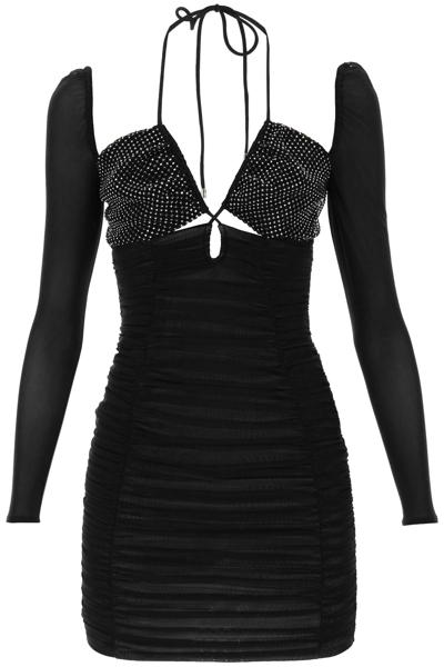 Shop Self-portrait Ruched Mini Dress With Diamanté Details In Black
