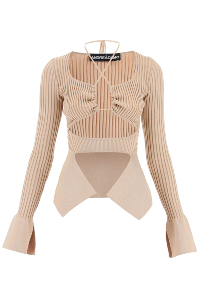 Shop Andreädamo Ribbed Knit Top With Cut-out In Beige