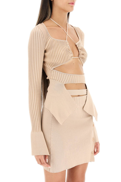 Shop Andreädamo Ribbed Knit Top With Cut-out In Beige