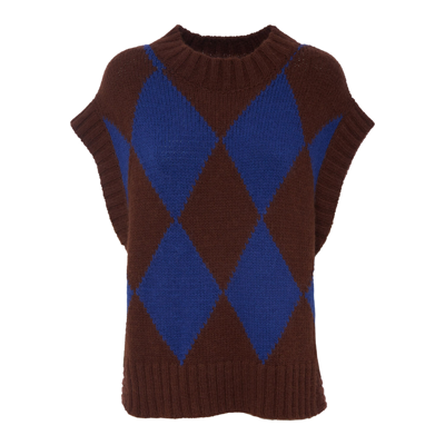 La Doublej Argyle-check Knitted Vest In Bordeaux/blue