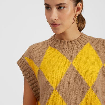 La Doublej Argyle Gilet In Camel/yellow