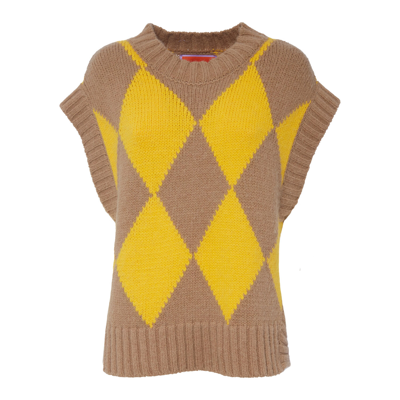 La Doublej Argyle Gilet In Camel/yellow