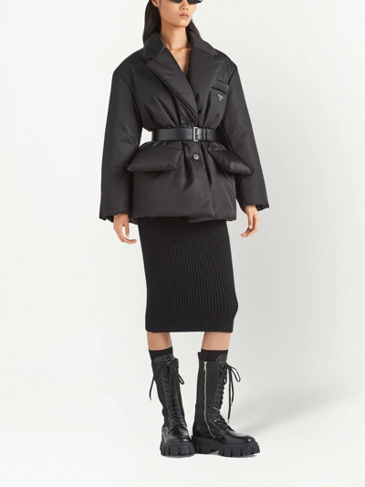 Prada Hooded Down Jacket With Belted Waist In Schwarz