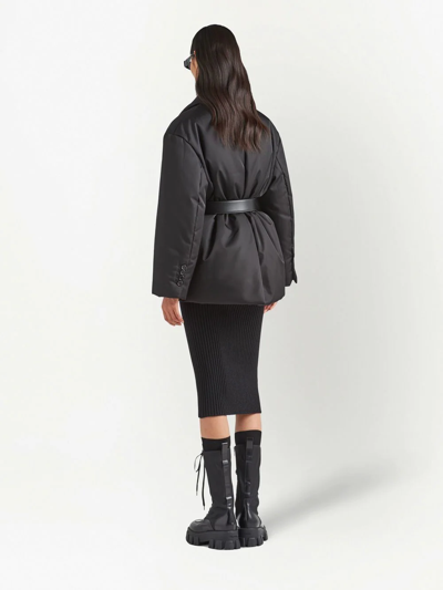 Prada Hooded Down Jacket With Belted Waist In Schwarz