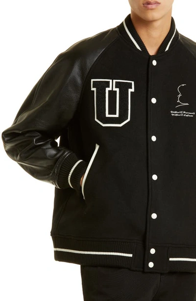 Shop Undercover Hitchcock Leather Sleeve Varsity Jacket In Black