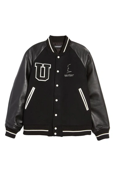 Shop Undercover Hitchcock Leather Sleeve Varsity Jacket In Black