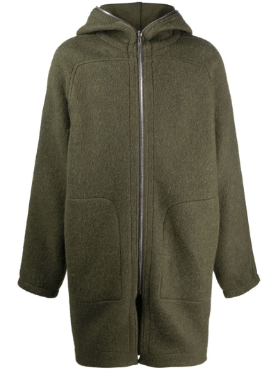 Shop Rick Owens Green Zip-up Hooded Wool Coat
