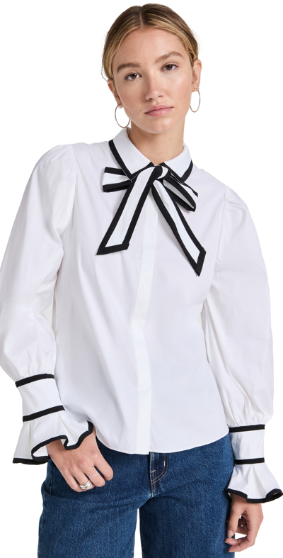 Shop Alice And Olivia Sharen Puff Sleeve Bow Tie Button Blouse White/black