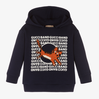 Shop Gucci Boys Blue Cat Logo Hoodie