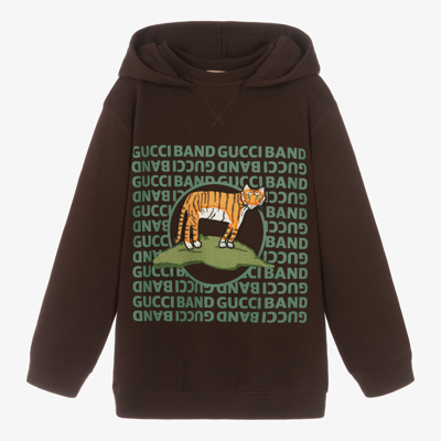 Shop Gucci Teen Boys Brown Logo Hoodie