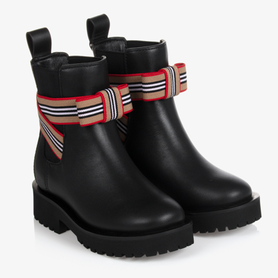Shop Burberry Girls Black Icon Stripe Leather Boots