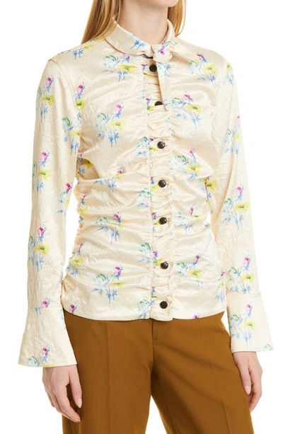 Shop Ganni Floral Print Ruched Crinkled Satin Shirt In Floral Rutabaga