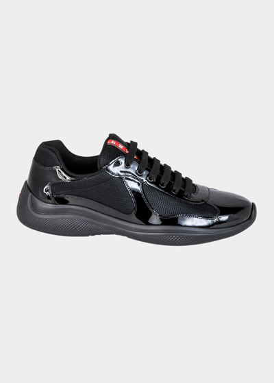 Shop Prada Men's America's Cup Patent Leather Patchwork Sneakers In Black