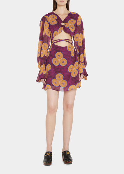 Shop Autumn Adeigbo Amelie Printed Cut-out Mini A-line Dress In Burgundy Gold Aa