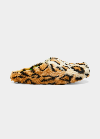 Shop Marni Men's Sabot Leopard-print Faux Fur Slippers