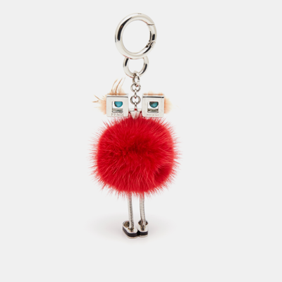 Pre-owned Fendi Red/peach Mink Fur Hypnoteyes Chick Pom Pom Bag Charm In Multicolor