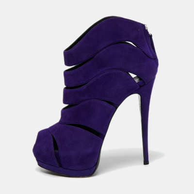 Pre-owned Giuseppe Zanotti Purple Suede Wave Cut Out Peep Toe Platform Booties Size 38