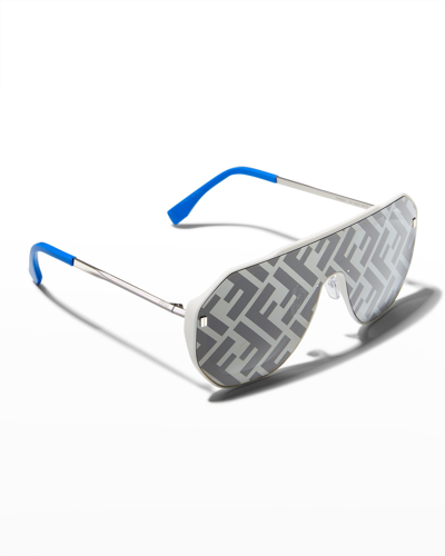 Shop Fendi Ff Logo Injection Plastic Shield Sunglasses In Ivory / Smoke