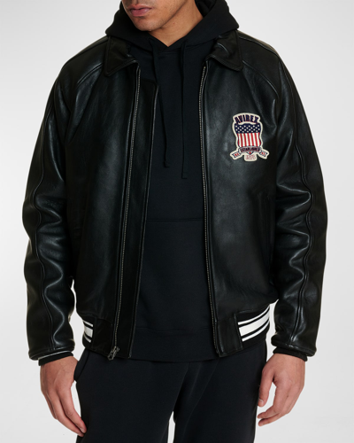 Shop Avirex Men's Icon Logo Leather Bomber Jacket In Jet Black