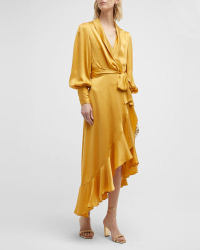 Shop Zimmermann Ruffled Midi Wrap Dress In Gold