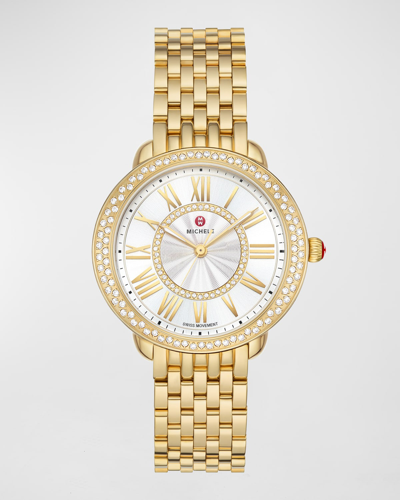Shop Michele Serein Mid Diamond Gold-plated Watch With White Sunray Dial