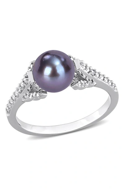 Shop Delmar Sterling Silver 7-7.5mm Black Cultured Freshwater Pearl & Diamond Ring