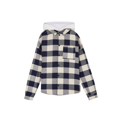 Shop Palm Angels Kids Checked Hooded Cotton Overshirt In Navy/cream
