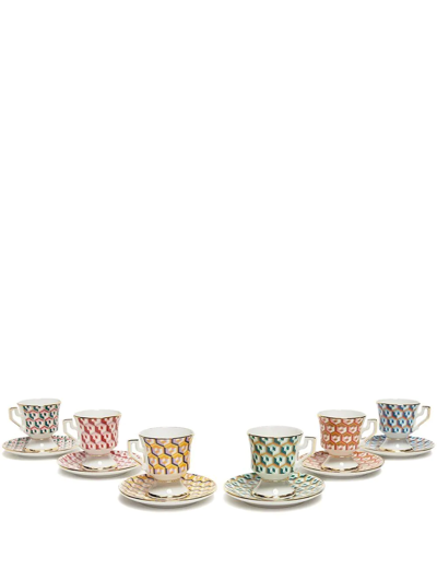 Shop La Doublej Geometric-print Espresso Cup And Saucer Set Of Six In Rot