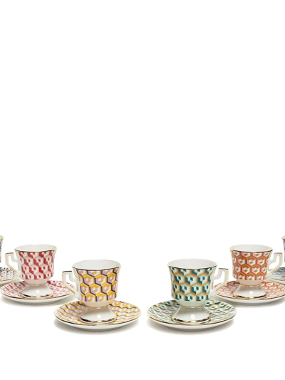 Shop La Doublej Geometric-print Espresso Cup And Saucer Set Of Six In Rot