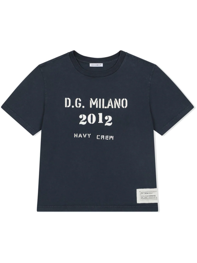 Shop Dolce & Gabbana Navy-slogan-print Logo T-shirt In Blue
