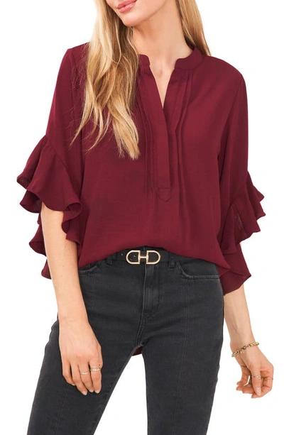 Shop Vince Camuto Ruffle Sleeve Split Neck Blouse In Crisp Merlot