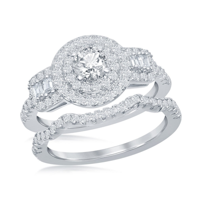 Simona Sterling Silver Round Double Halo Baguette Cz Side Stones Engagement Ring Set