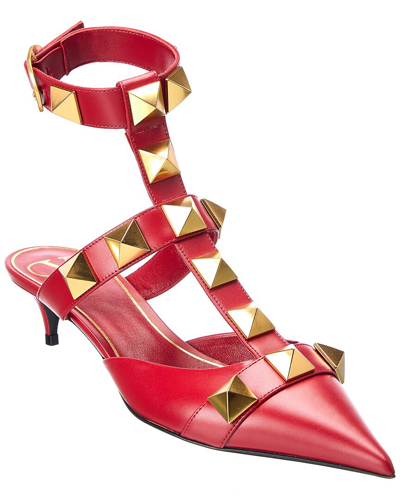 Shop Valentino Roman Stud 40 Leather Ankle Strap Pump In Red