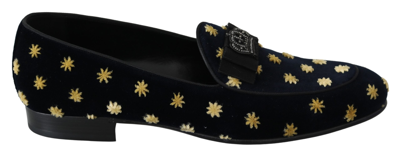 Shop Dolce & Gabbana Blue Velvet Crown Slippers Loafers Men's Shoes In Gold