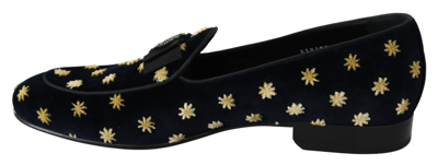 Shop Dolce & Gabbana Blue Velvet Crown Slippers Loafers Men's Shoes In Gold