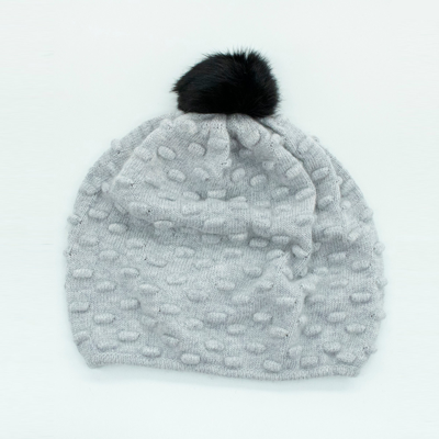 Portolano Stitched Hat With Rabbit Fur Pom In Silver