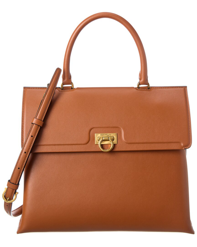 Shop Ferragamo Salvatore  Trifolio Leather Satchel In Brown