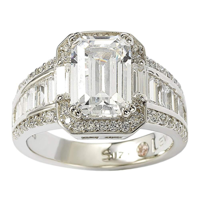 Suzy Levian Sterling Silver White Emerald-cut Cubic Zirconia Engagement Ring