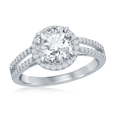 Simona Sterling Silver Round Halo Cz Double Open Band Engagement Ring