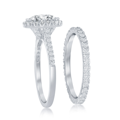 Simona Sterling Silver French Set Round Halo Eternity Band And Cz Engagement Ring Set In White